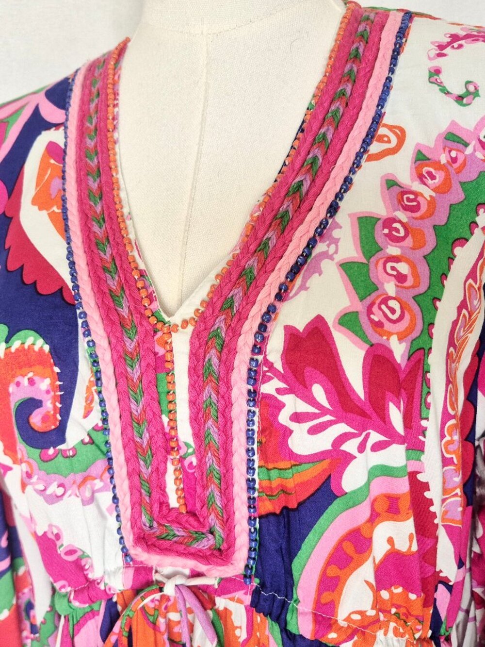 NEW Kaktus Beaded Floral Bohemain Tassel Tiered Mini Dress Long Puff Sleeve - Picture 4 of 14